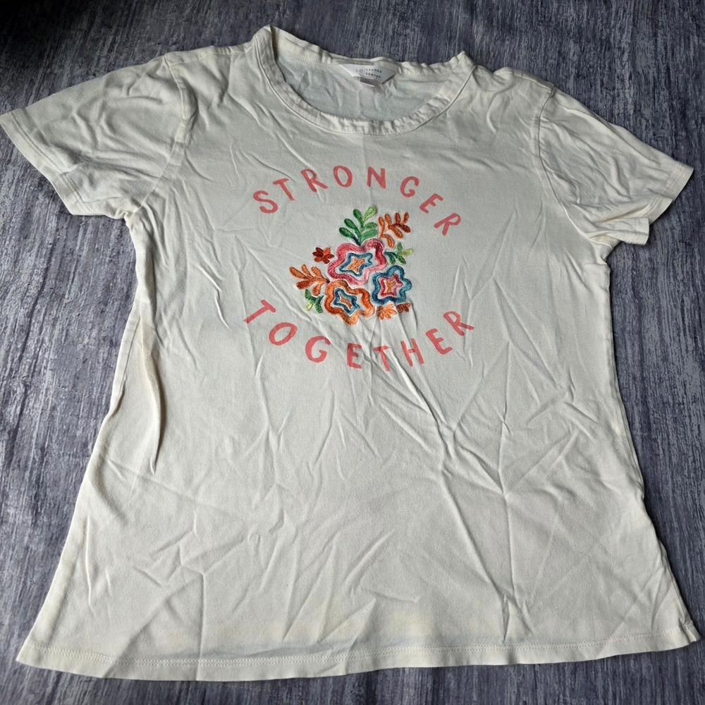 Lauren Conrad LC Graphic Tee Shirt Embroidered Flowers Stronger Together Cream M